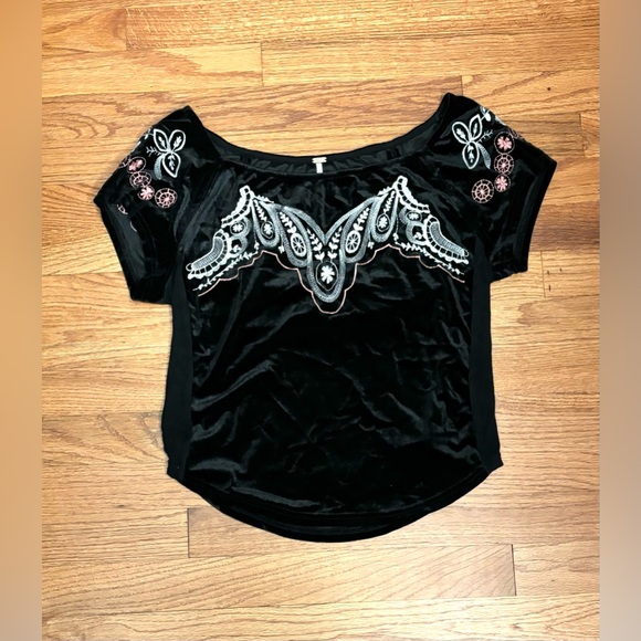 Free People “Party Train” Embroidered Velvet-Contrast Black Top, Size M - Picture 3 of 8